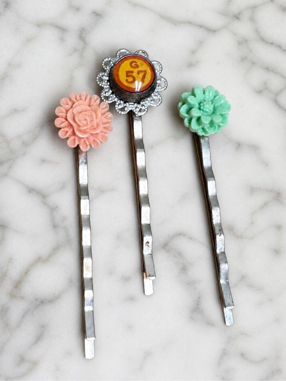 Handmade Floral Bobby Pin Set of 3 Resin Hair Pins Pink Mint Green